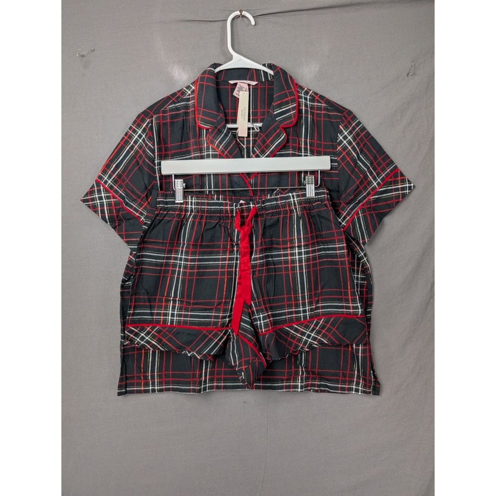 Victoria's Secret Plaid Short Pajama Set Black Red White Cotton Blend NWT